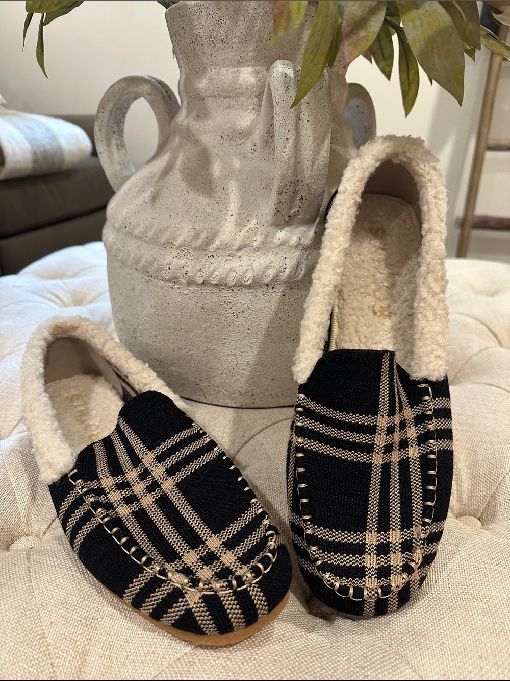 Rothy's Black and Cream Plaid Sherpa-Lined Slip-On Mocs - NWOT